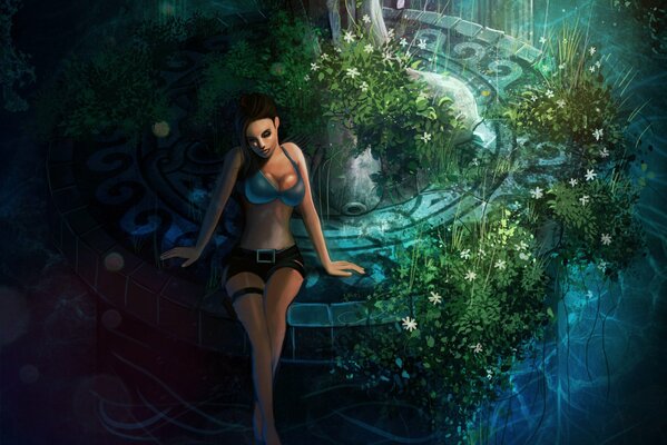 Lara Croft in shorts sitting by the fountain with flowers