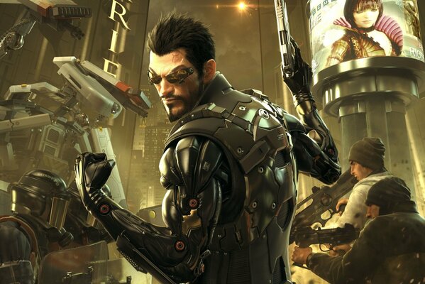 The character of the game Deus Ex is standing with his back with a gun in his hands