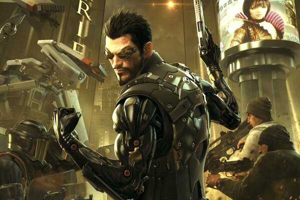 El personaje del juego Deus ex está de espaldas con una pistola en la mano