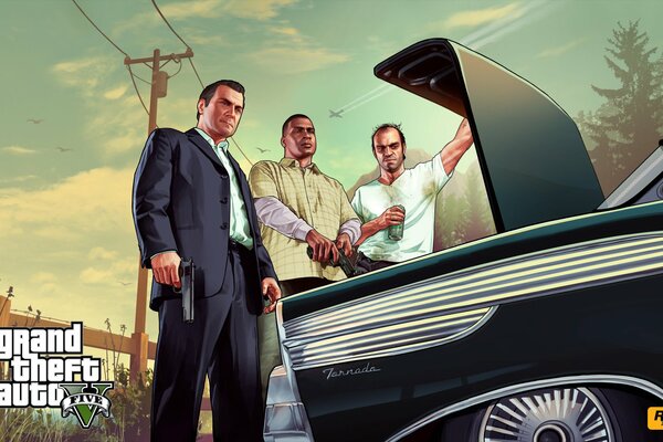 Grand Theft auto V bandyci z mafii przy samochodzie