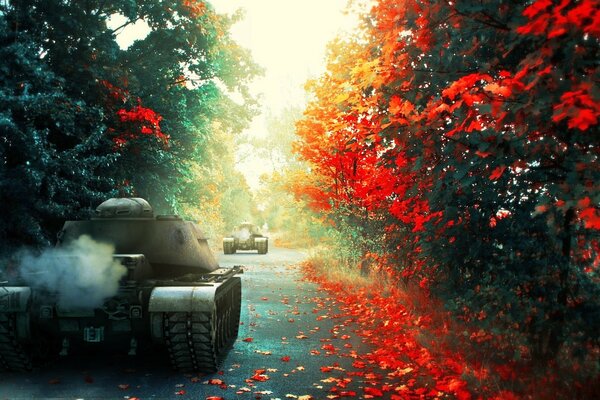 Tanks in the autumn forest from wot