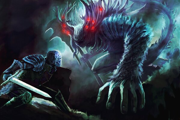 Battle of monsters with swords in the dark