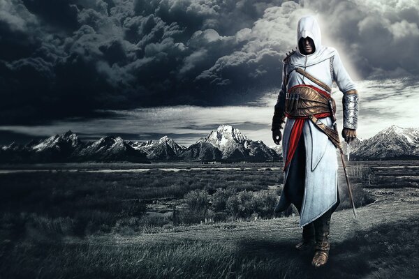 Screen from the game assassins creed against the background of mountains and clouds