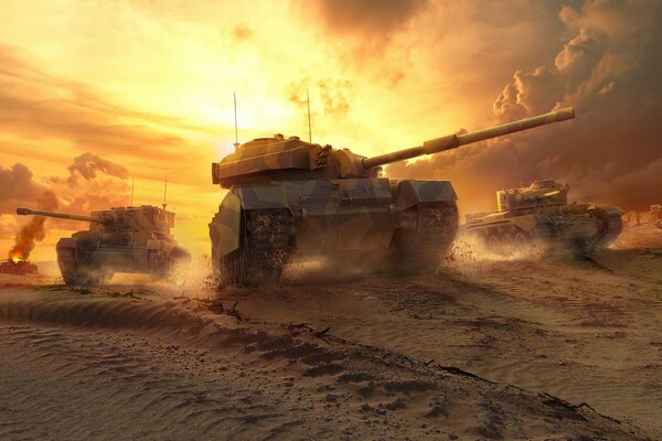 Battle tanks in the desert under a golden sky