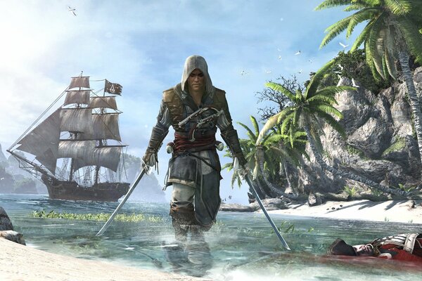 Assassin s Creed Assassin IV: Black Flag. pirate, edward Kenway on the background of the ship