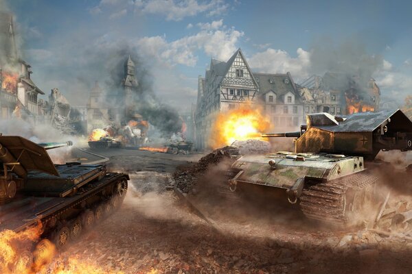 Burning tanks on the background of houses