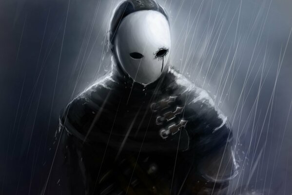 Мужчина в маске под дождем из темных душ