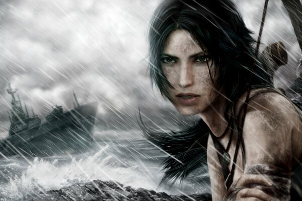 A girl in a storm on the background of the sea with a ship