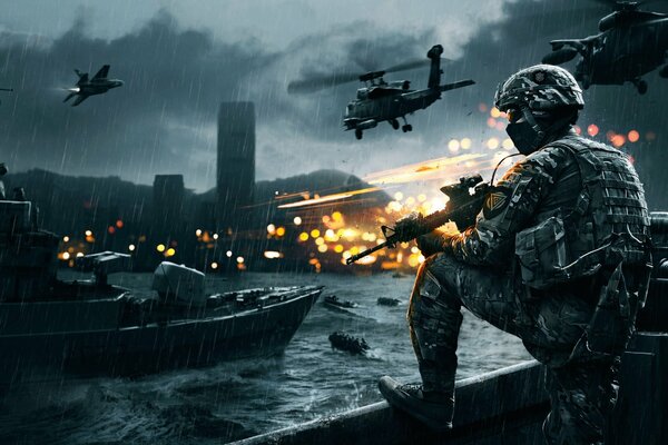 Pantalla del juego battlefield 4-soldado en el río con armas en el fondo de la tecnología militar