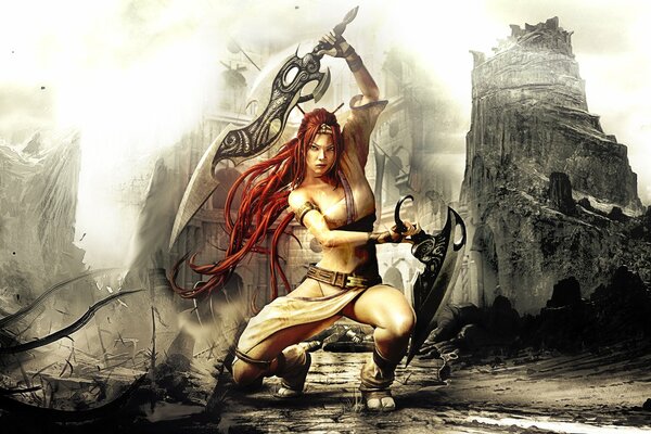 Red-haired warrior girl on the background of mountains