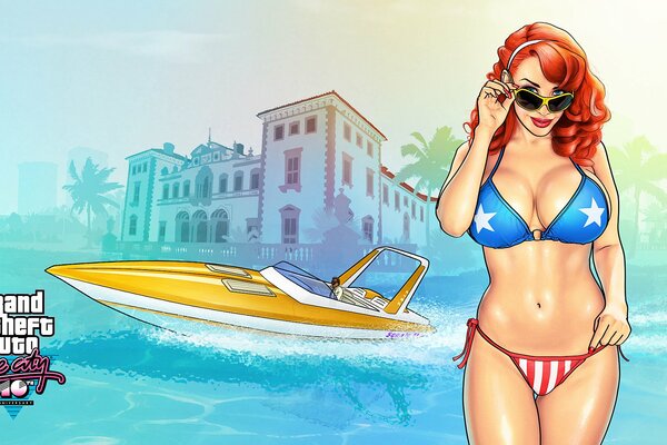 A girl in a bikini on the background of a boat and a villa