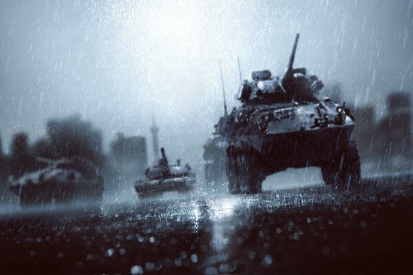 Military tanks in the pouring rain on the background of the city