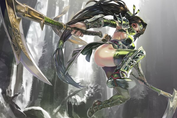 Girl with a gun in a jump from League of Legends akali