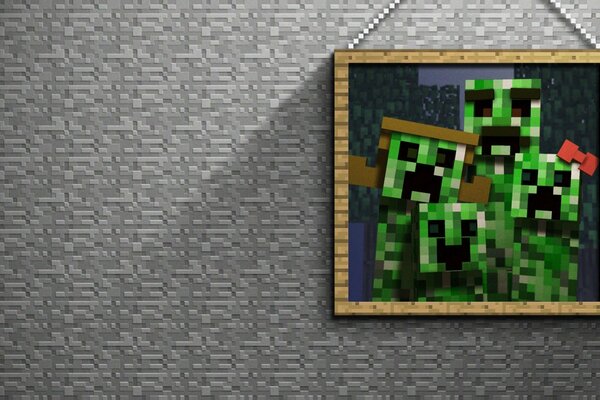 A picture from the game minecraft on a gray wall