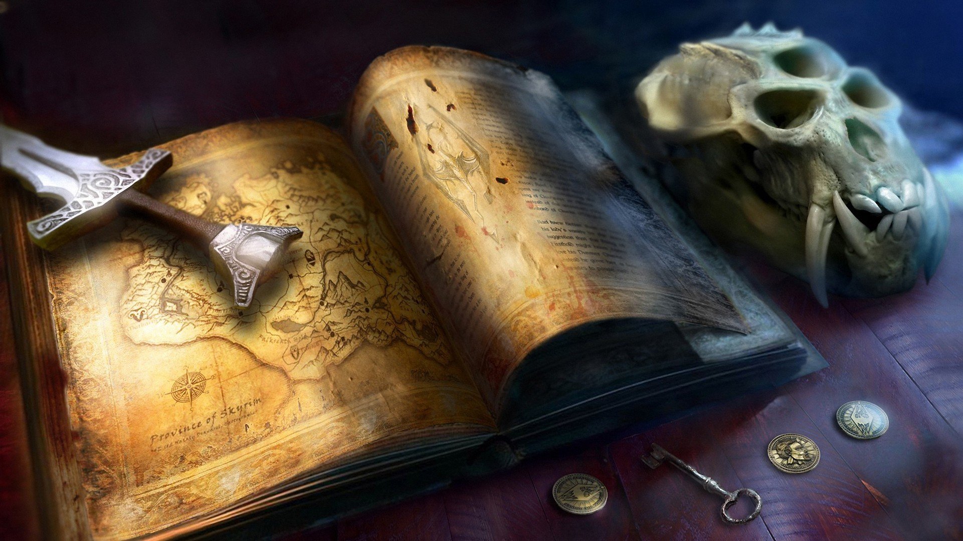 the elder scrolls skyrim buch karte schwert schädel münzen geld schlüssel eckzähne