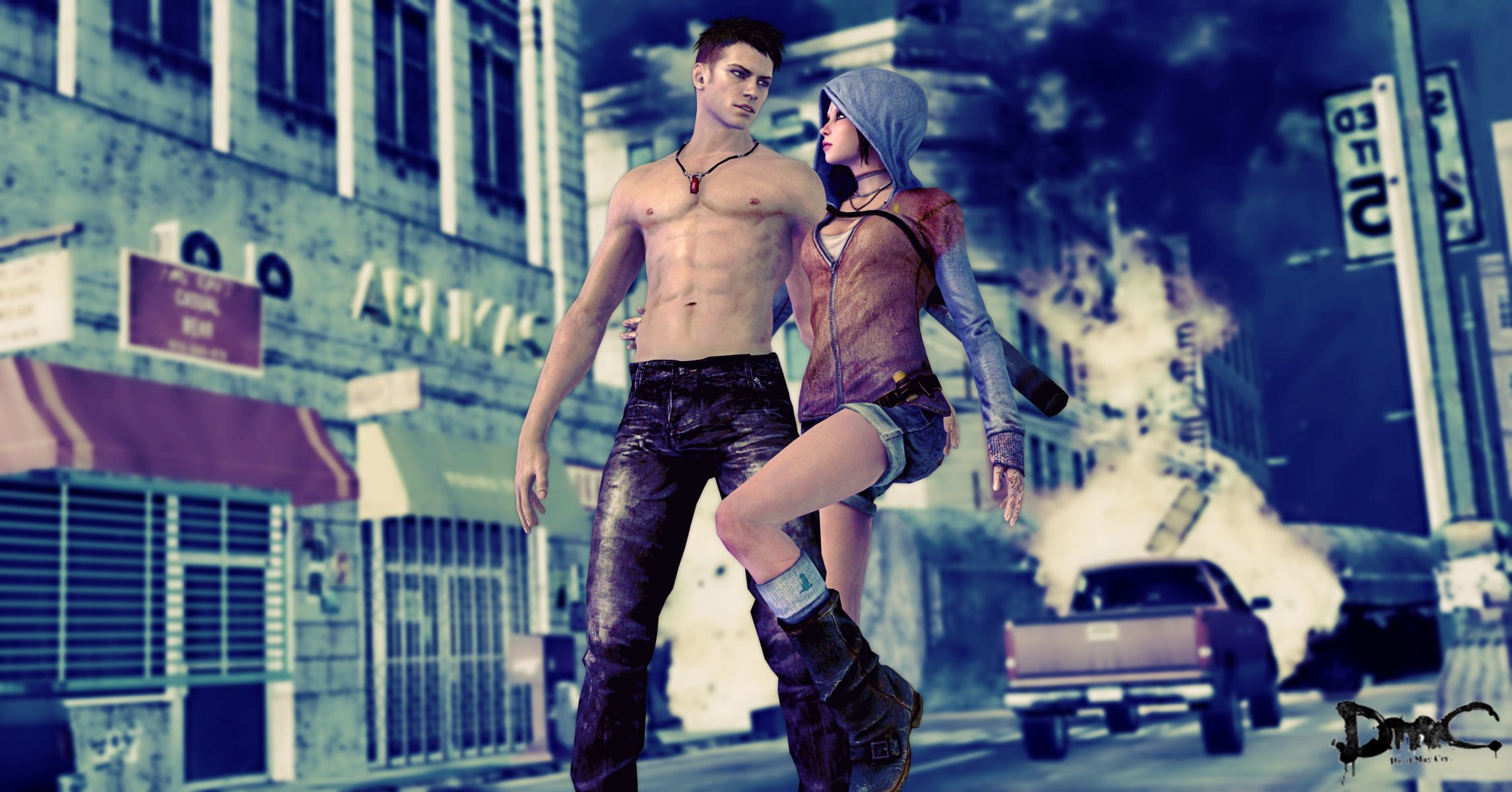 dmc devil may cry 5 kat данте капюшон шорты джинсы взгляд игра. город разрушения машина