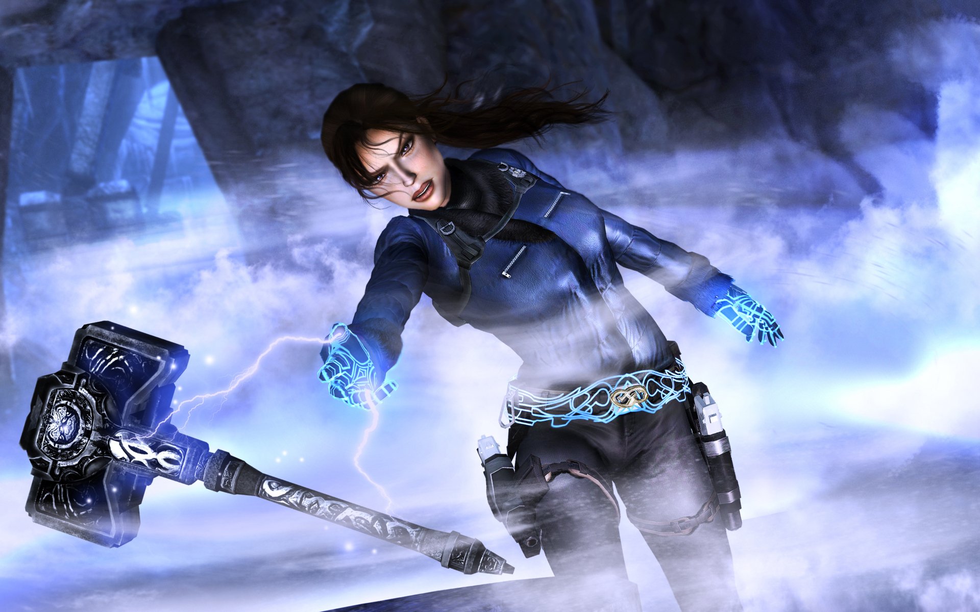 tomb raider lara croft dziewczyna jaskinia mgła młot błyskawica