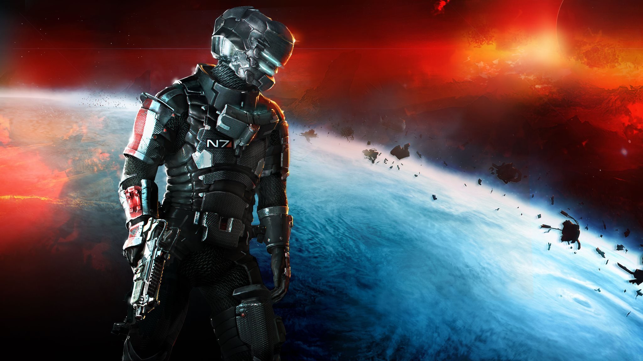 dead space 3 dlc zbroja n7 zbroja n7 mass effect 3 isaac clark isaac clark broń kosmos planeta electronic arts visceral game