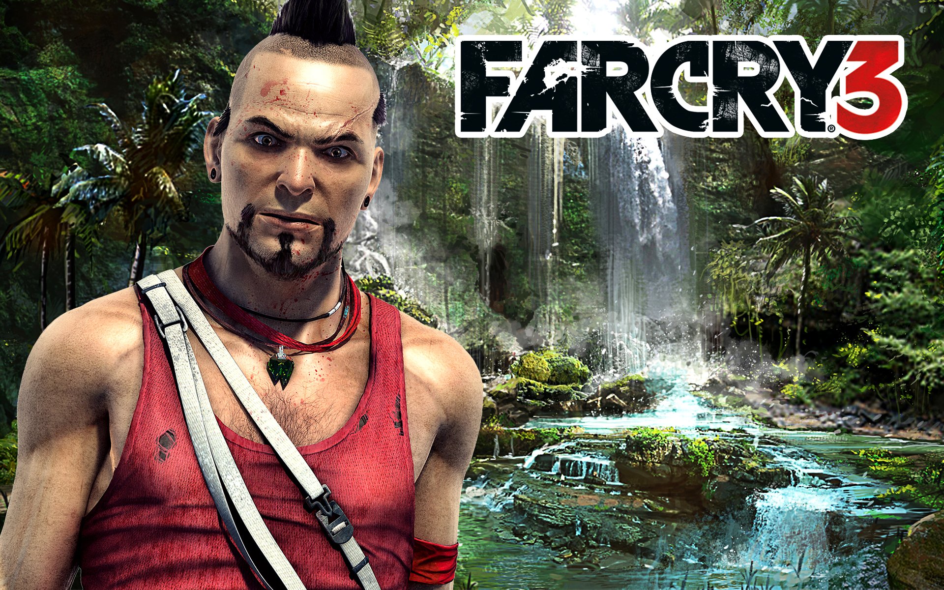 far cry 3 vaas montenegro wygląd blizna medalion wodospad palmy kamienie woda opaska logo logo