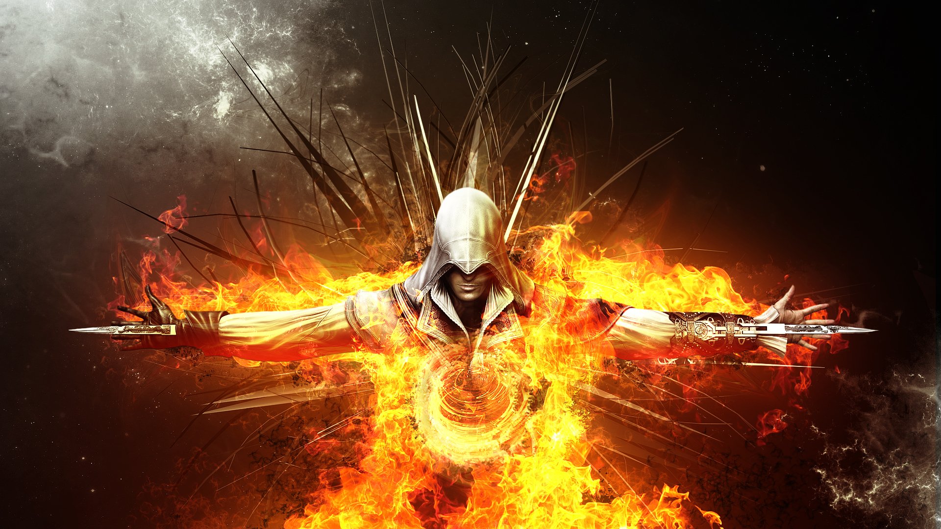 asesinos 2 ezio auditore da firenze asesino miedo assassins creed asesino llama fuego cuchillas fondo abstracto arte