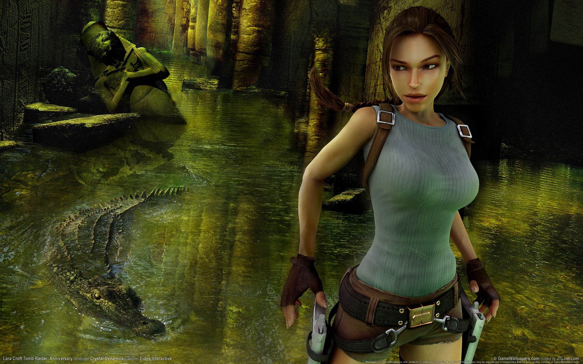 лара крофт tomb raider: anniversary обои игры девушка оружие пожар крокодил руины лара крофт расхитительница гробниц статуи