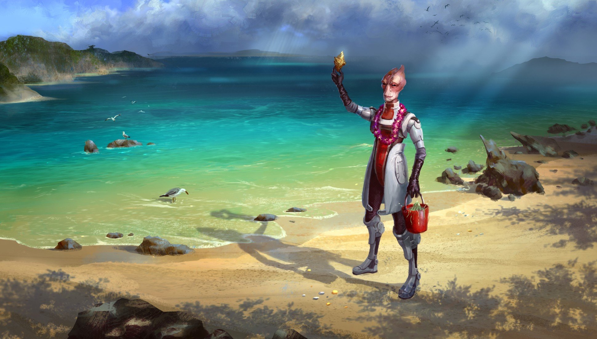 fanart mass effect yo mordin mar cubo concha colinas nubes piedras gaviotas