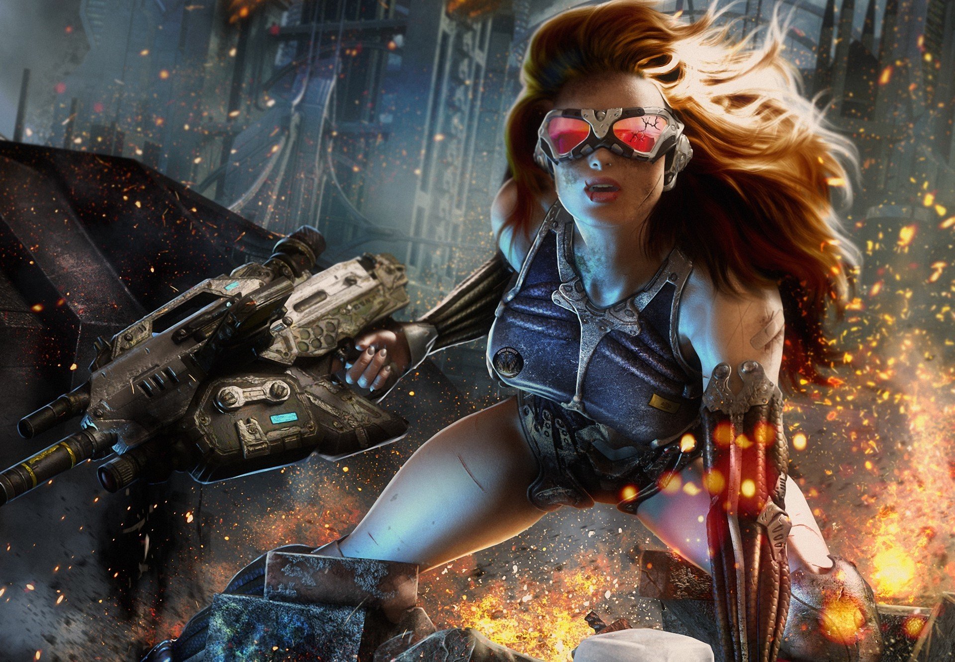 arte crysis 4 ragazza occhiali crepa arma città scintille macchina ferite cicatrice