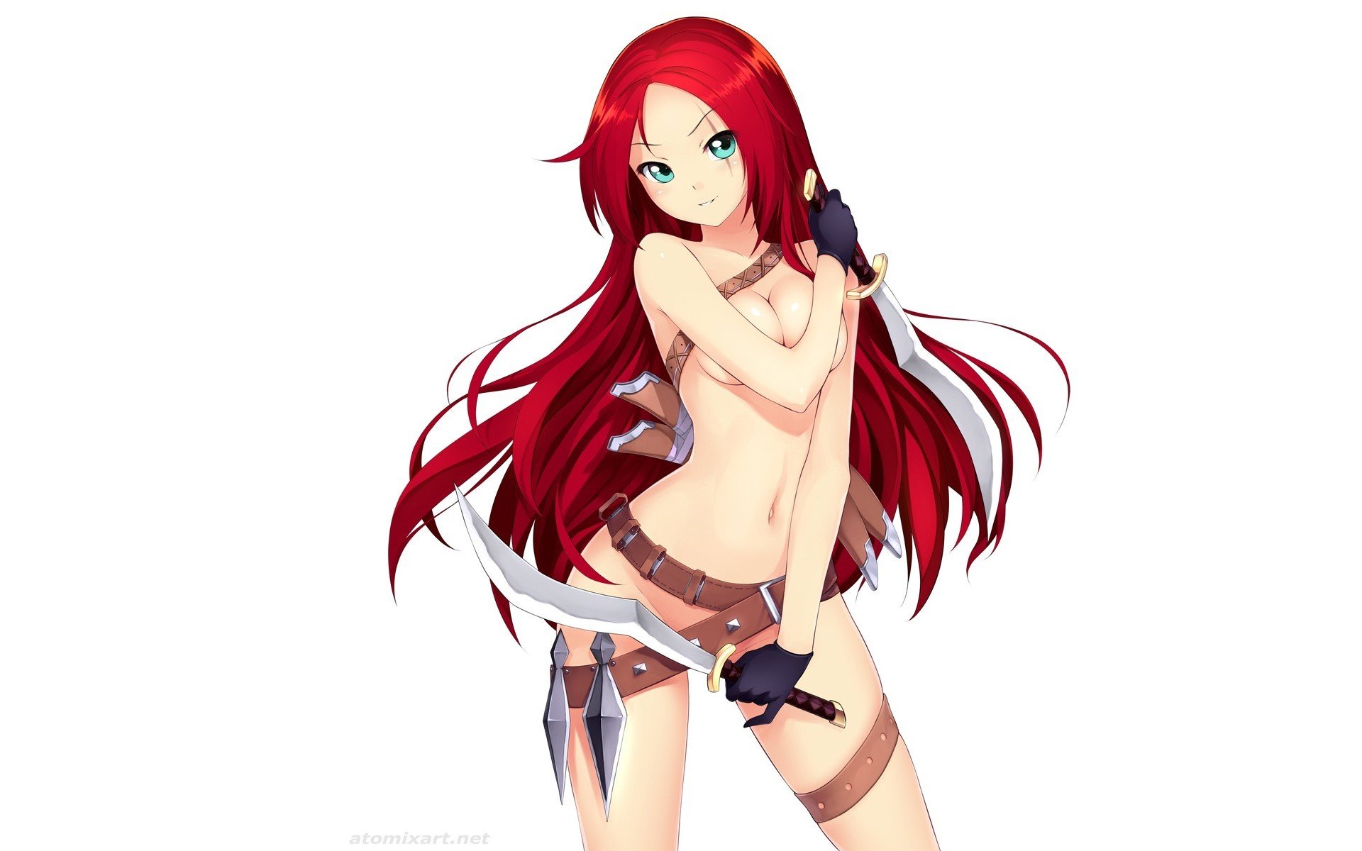art atomix ligue des légendes katarina fond blanc fille arme lames couteau poignard ceintures nue