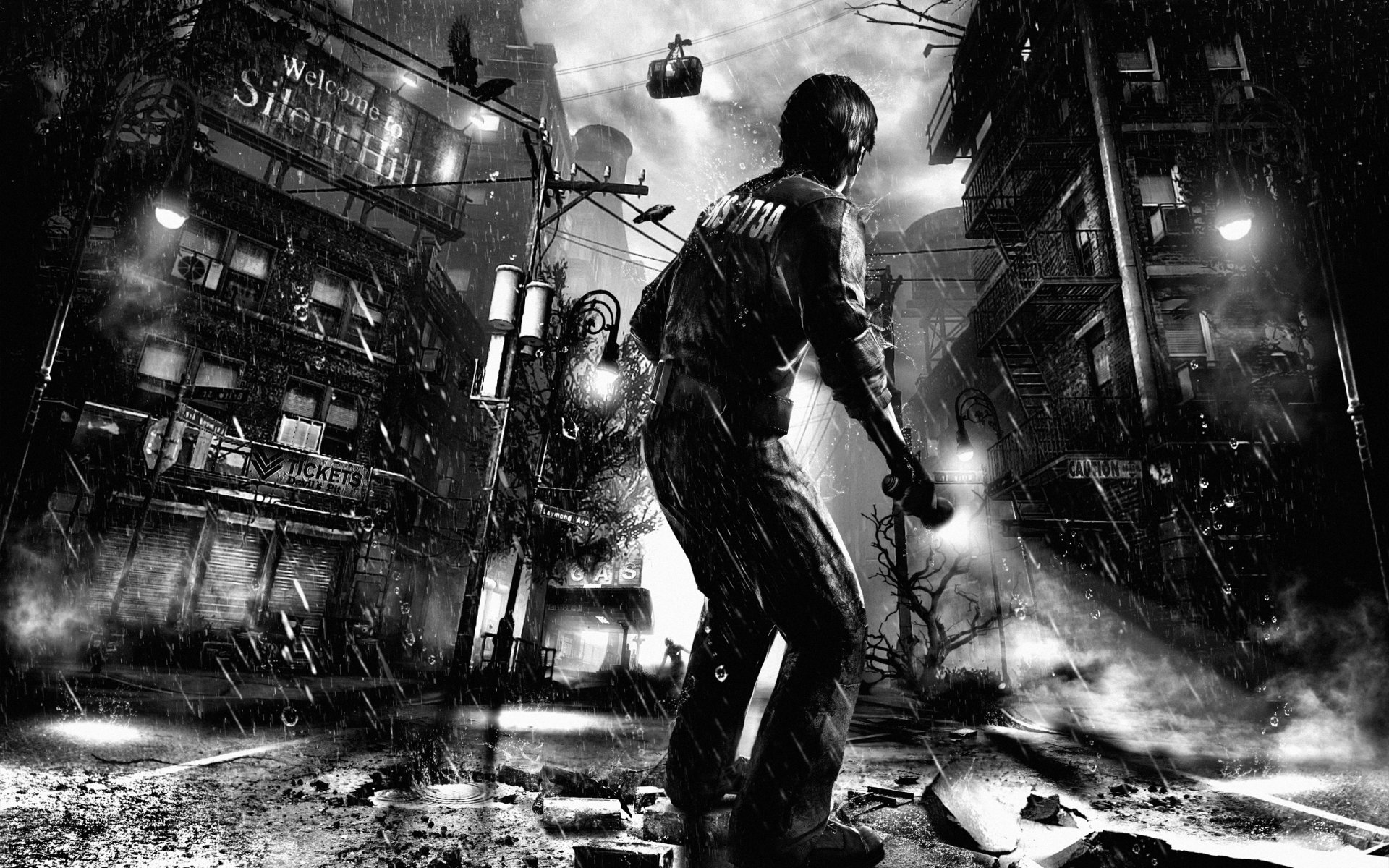 ilent hill : ливень добро пожаловать silent hill ливень мёрфи пендлтон заключённый город улица фонарик вороны туман окна балконы дома фонари дорога луна деревья монстр дождь мерфи пендлтон тихий холм
