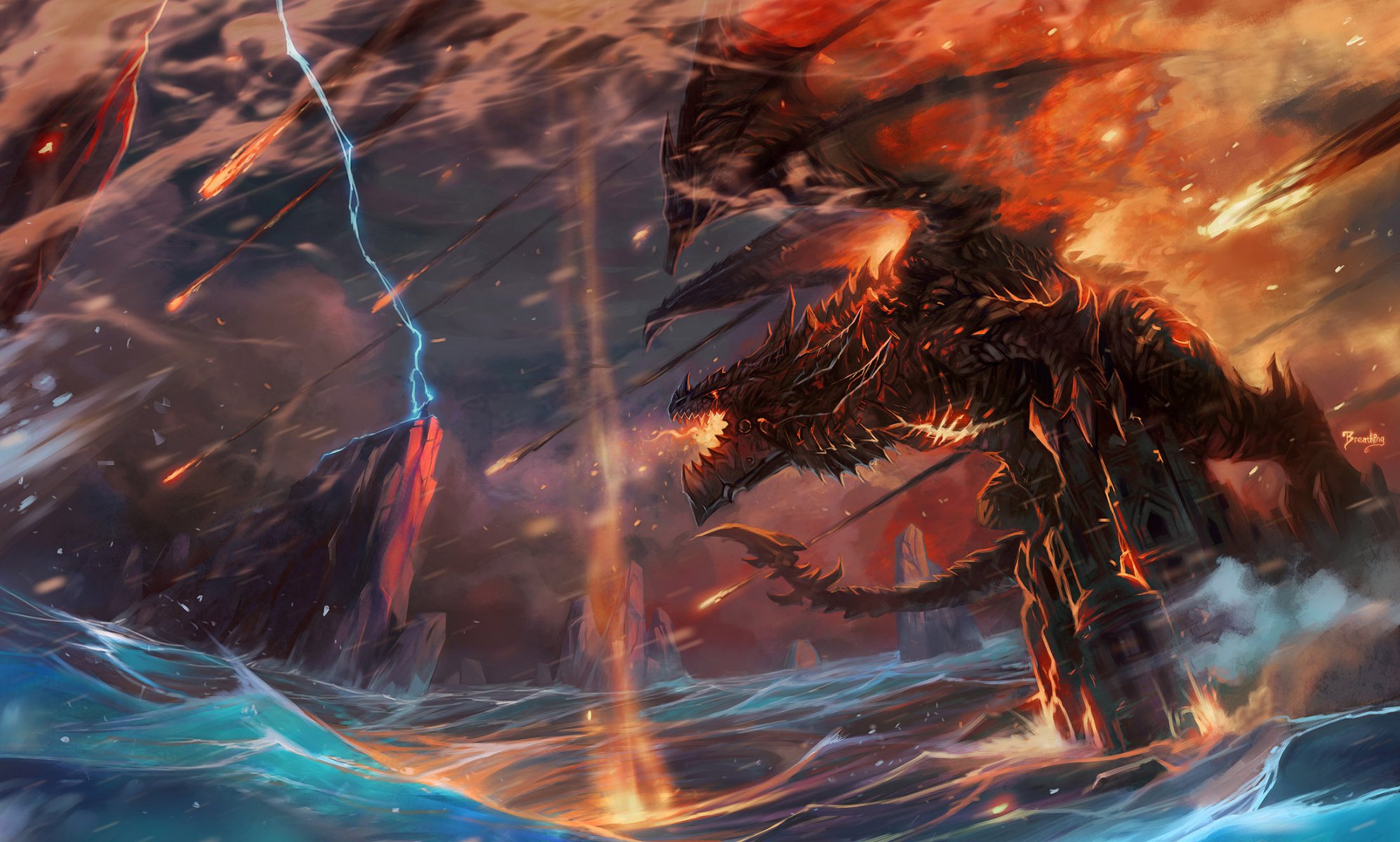 art jian guo world of warcraft dragon homme foudre château vagues feu