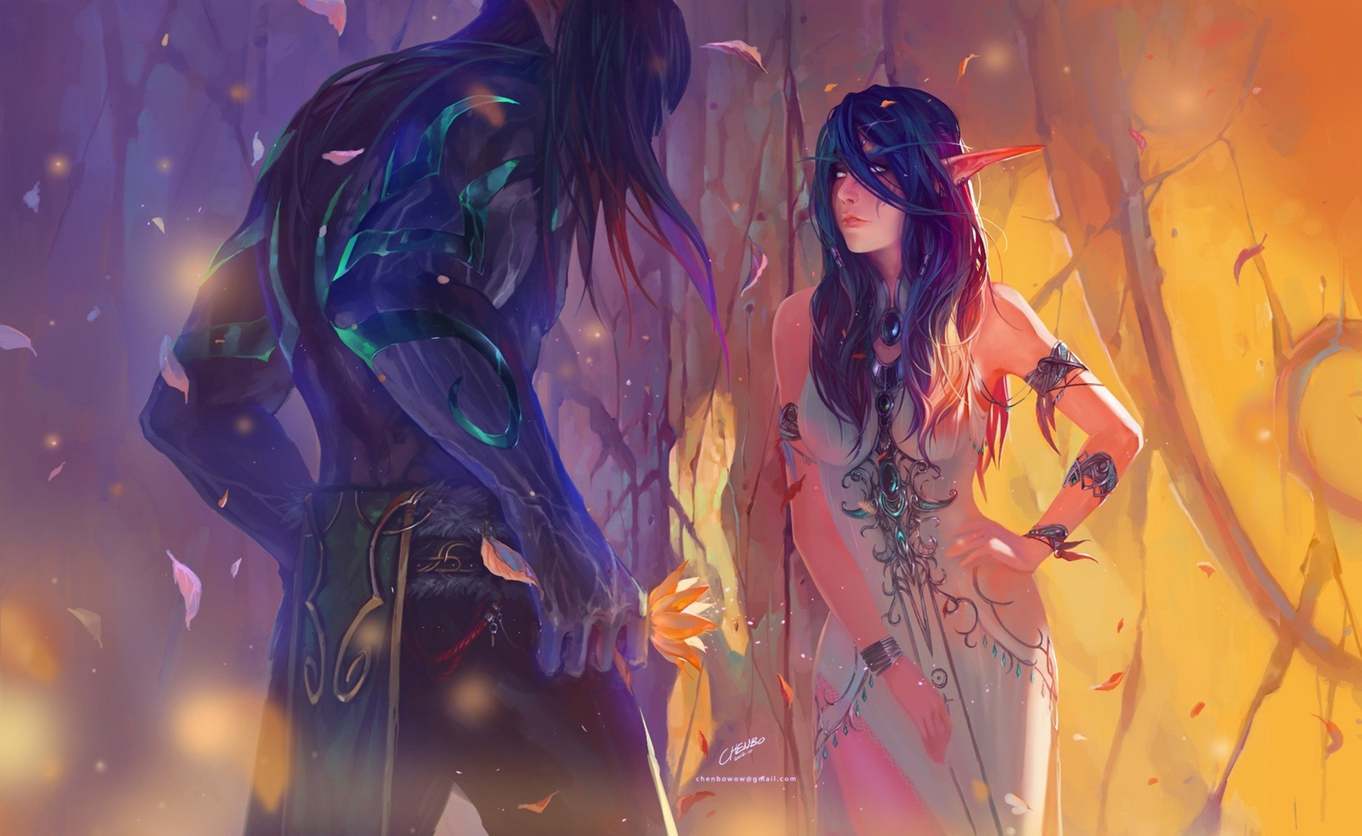 art chenbo world of warcraft chłopak dziewczyna elf liście żółty