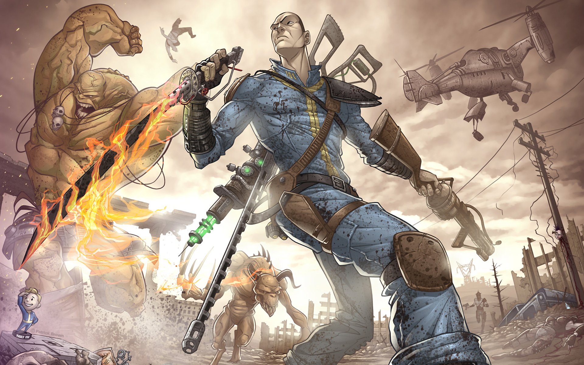 fallout мужчина оружие монстр мутант бандиты руины апокалипсис