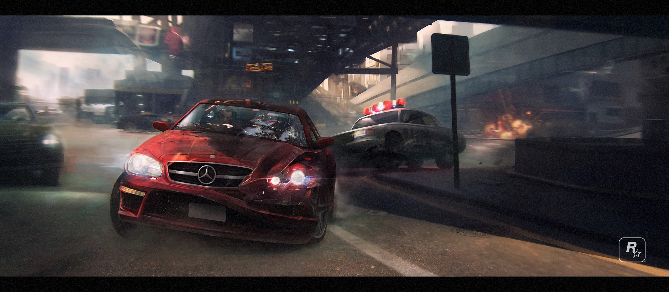 gta 4 fanart nico bellic miasto pościg policja mercedes