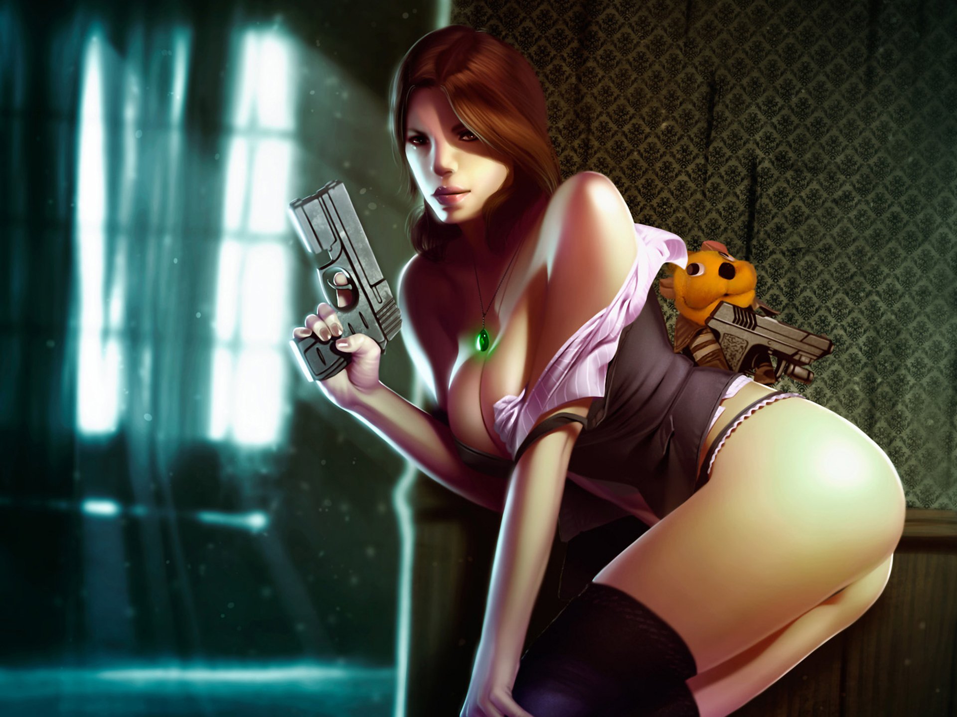 resident evil elena harper fanart chica pistola colgante juguete pasillo luz