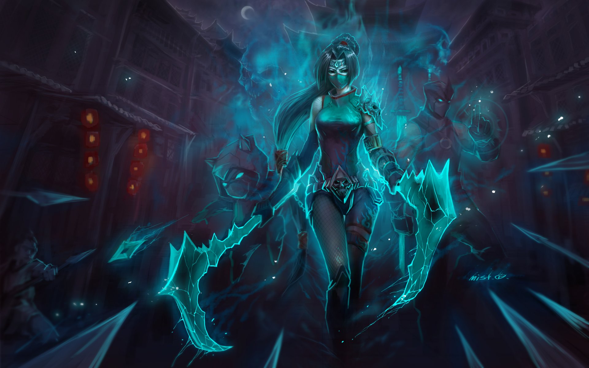 ligue des légendes akali kennen shen fille masque arme nuit