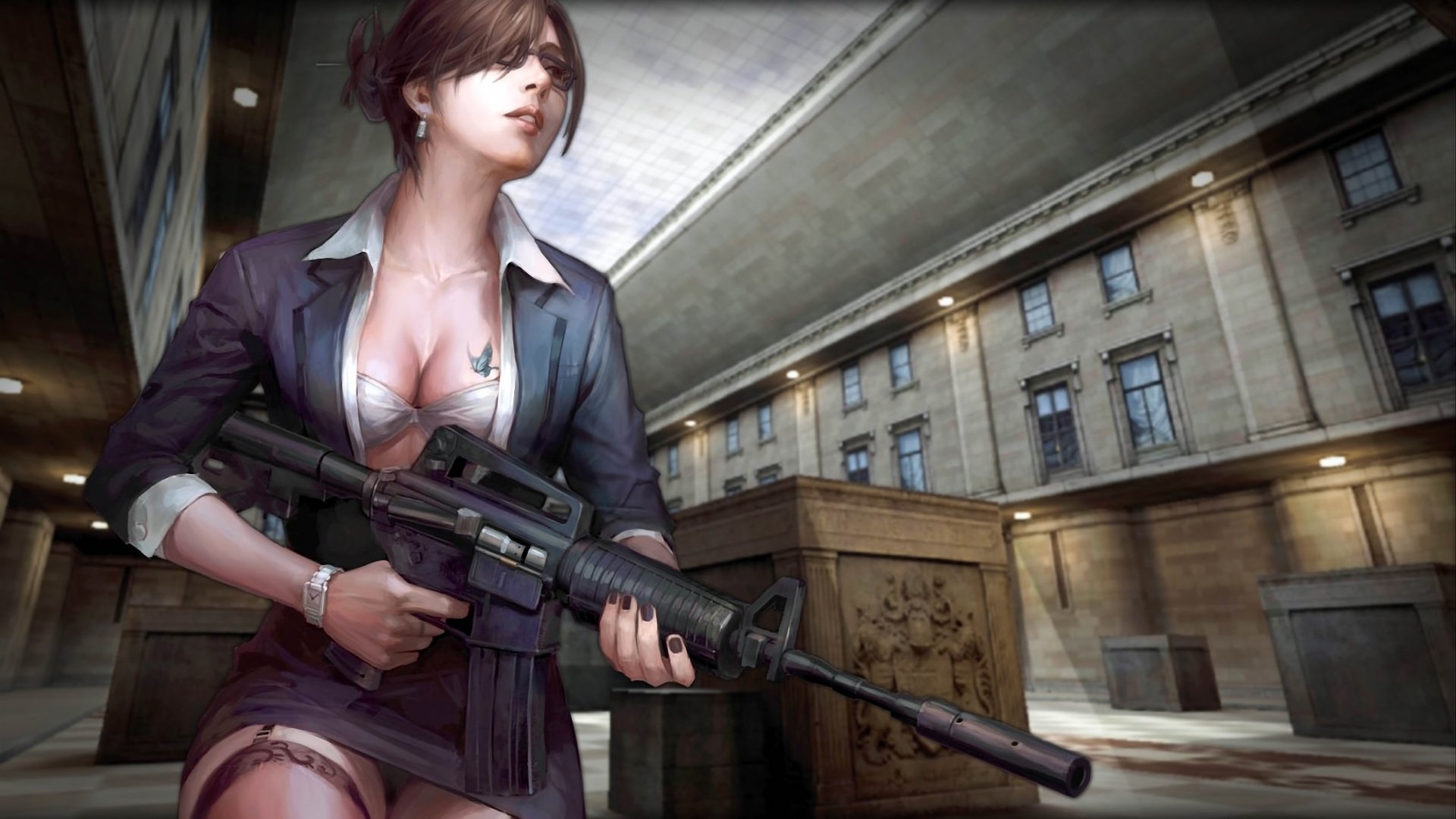 counter-strike en línea chica rifle tatuaje medias escote edificio cajas