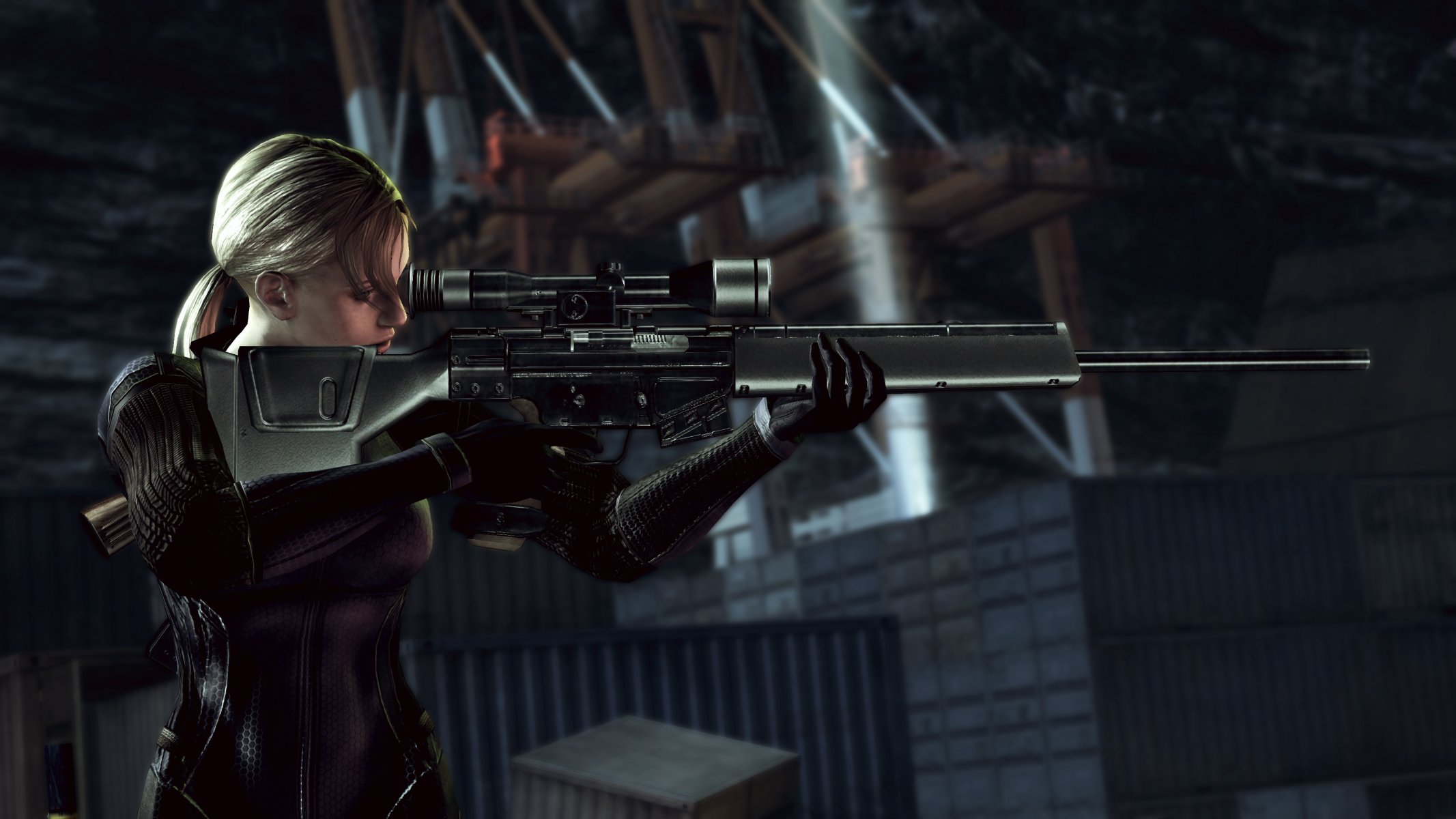 resident evil jill valentine dziewczyna blondynka kombinezon taktyczny broń karabin snajper noc doki pojemniki