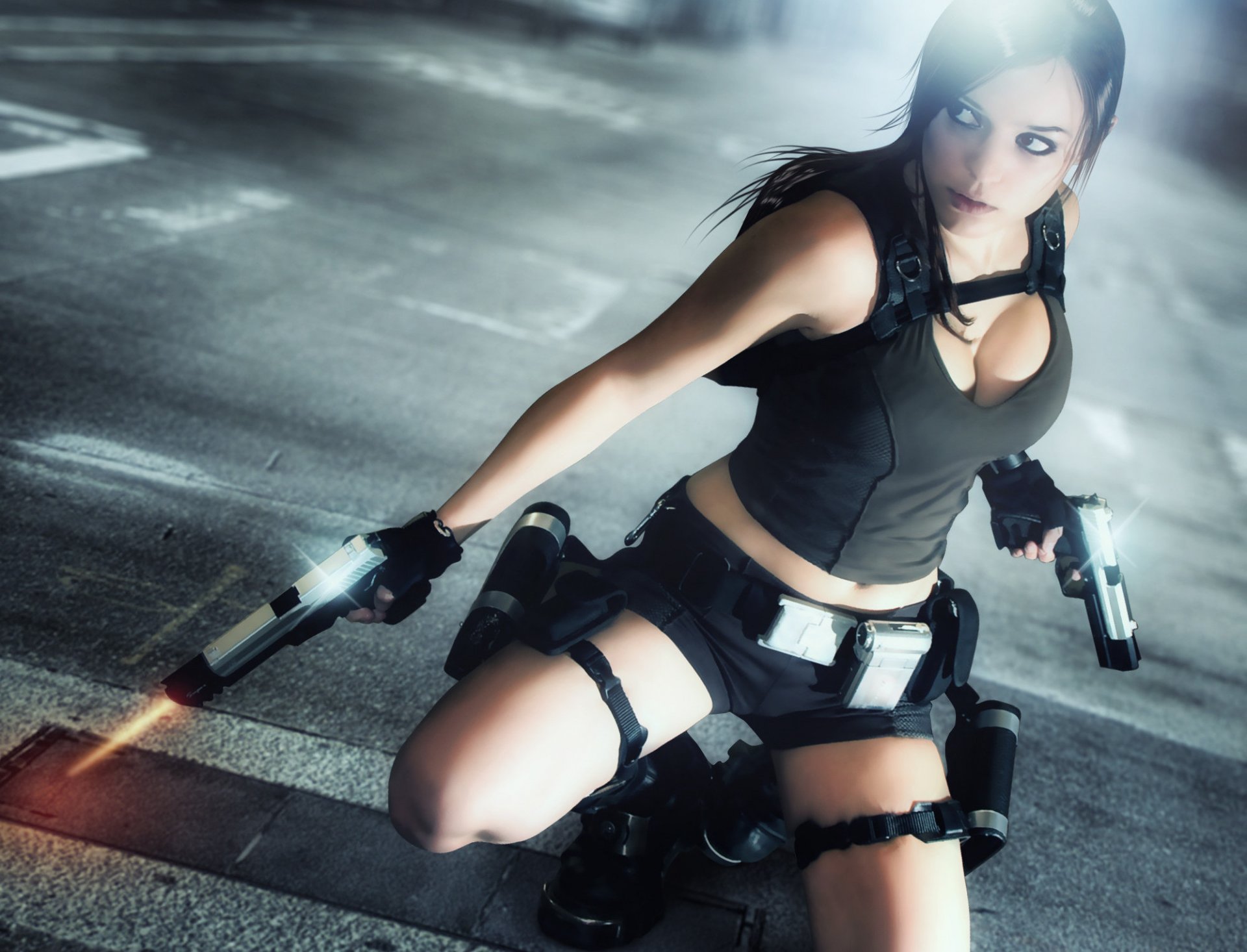 lara croft tomb raider gioco ragazza charlie brusseau armi pistole maglietta viso capelli sguardo zaino