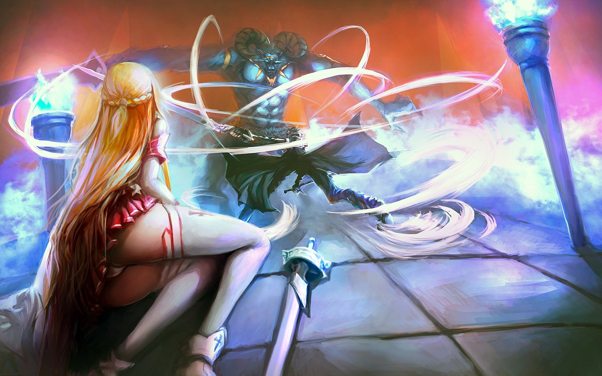 art sword art online yuuki asuna girl guy monster sword battle magic light