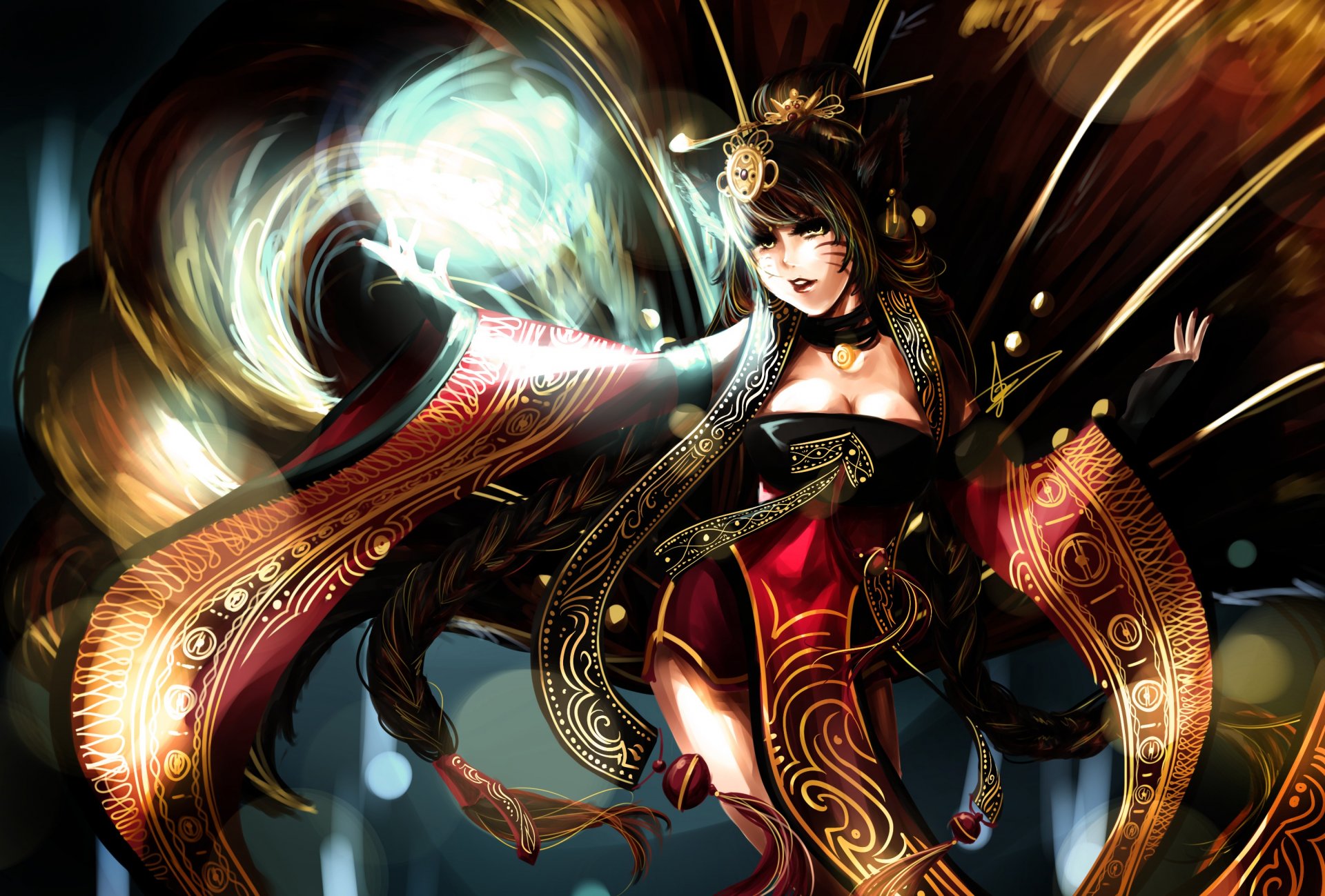 league of legends ahri girl magic tails ears decoration