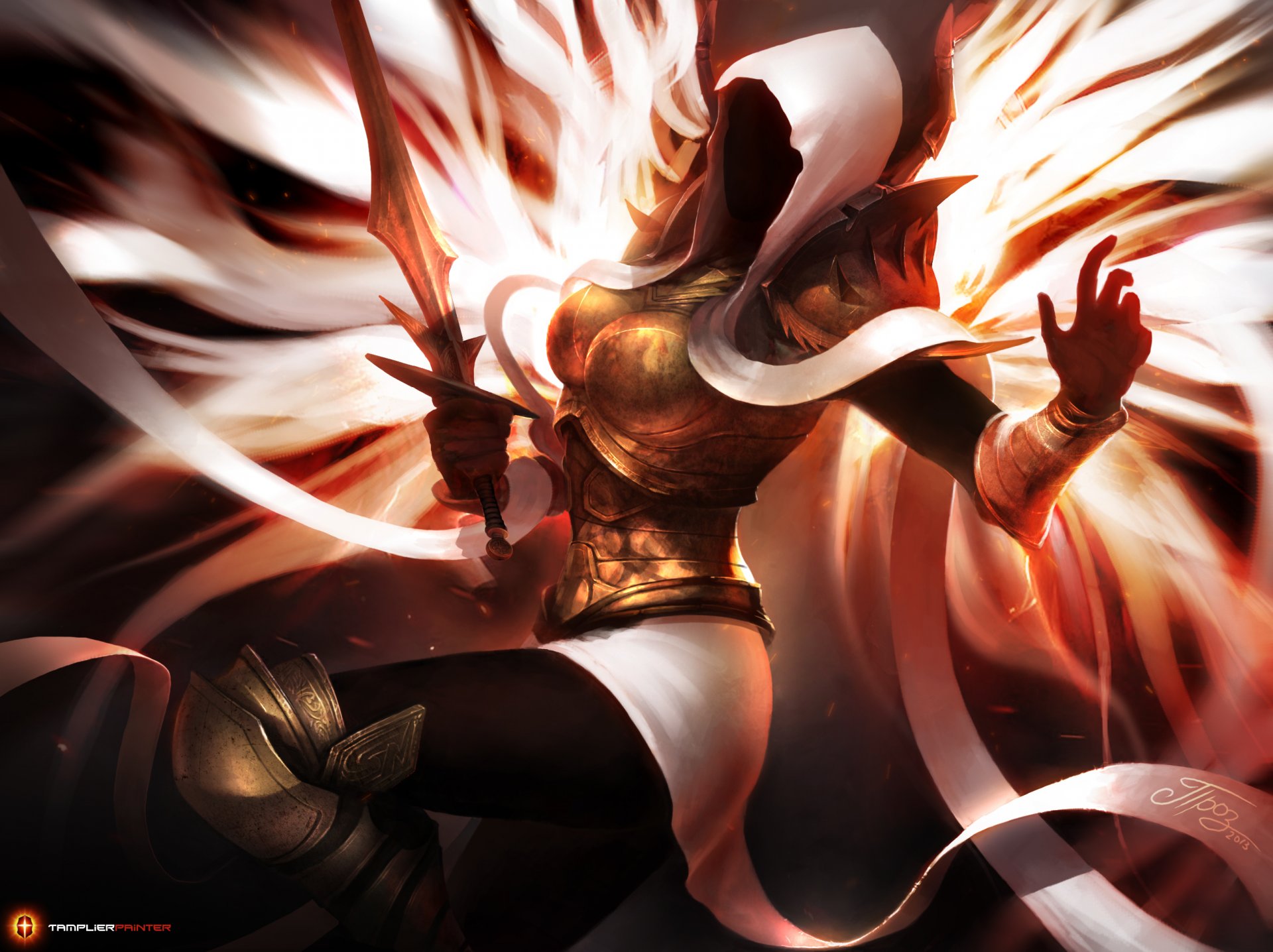 art tamplierpainter auriel diablo lll fan art girl sword wings hood