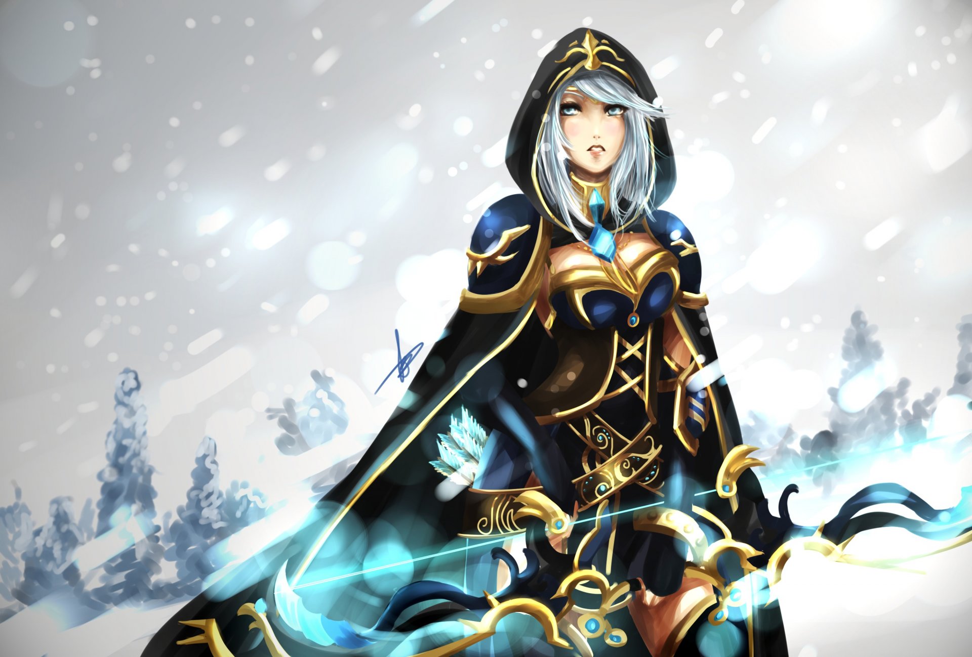 ash league of legends ragazza arco frecce neve inverno cappuccio