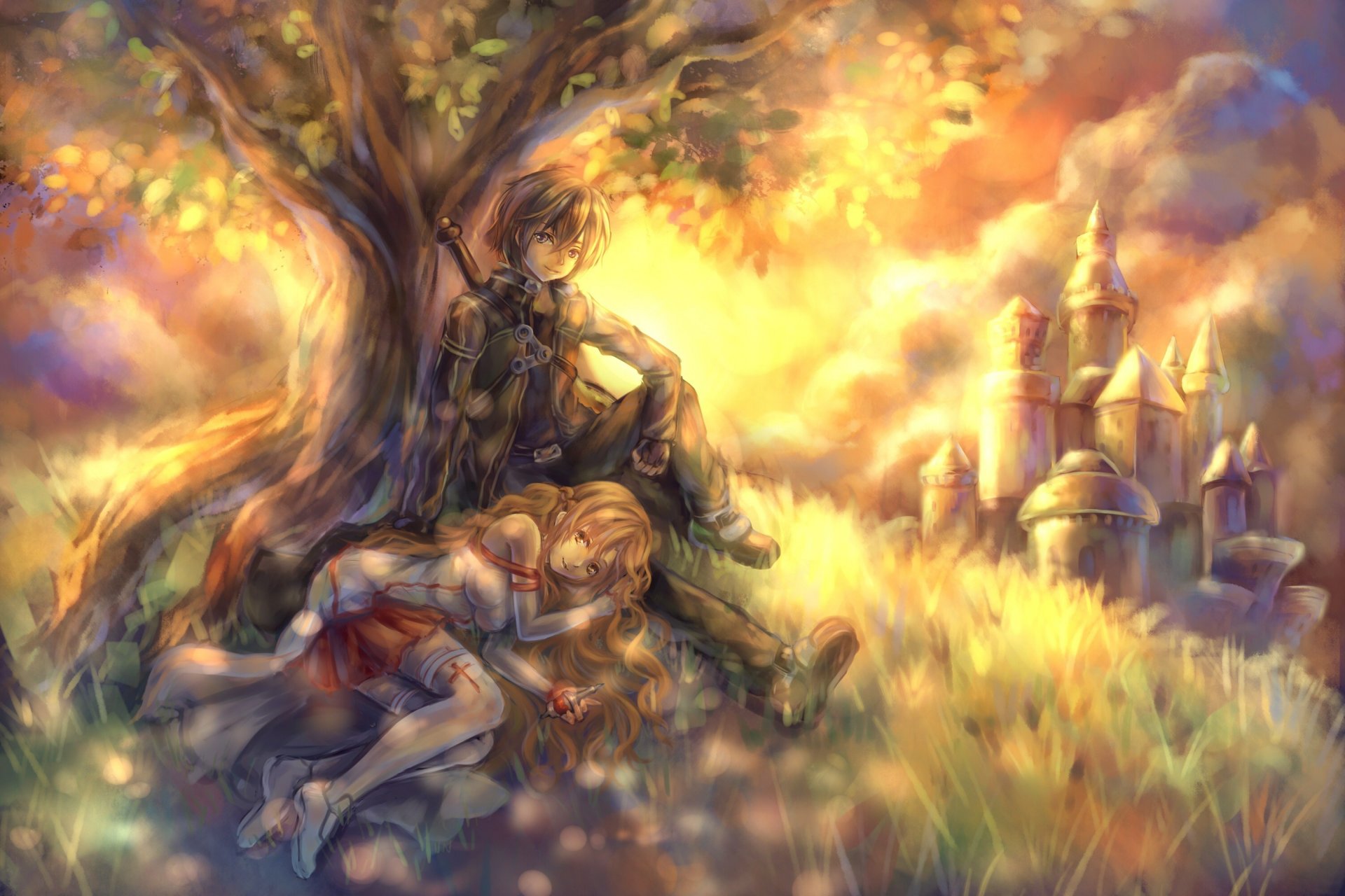 art tandolcedeco sword art online kirigaya kazuto yuki asuna drzewo zamek dziewczyna chłopak wzgórze para miecz
