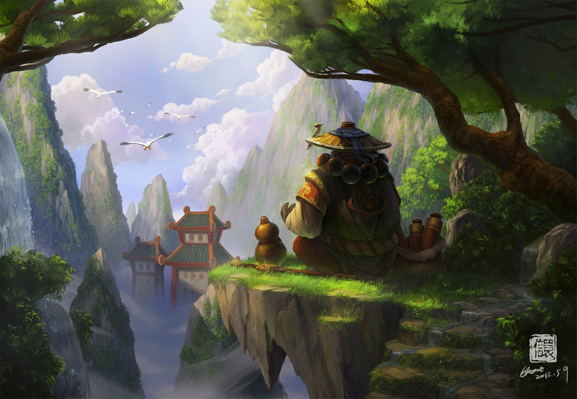 арт мир warcraft туманы pandaria панда азия птицы скалы шляпа храм высота ступени деревья