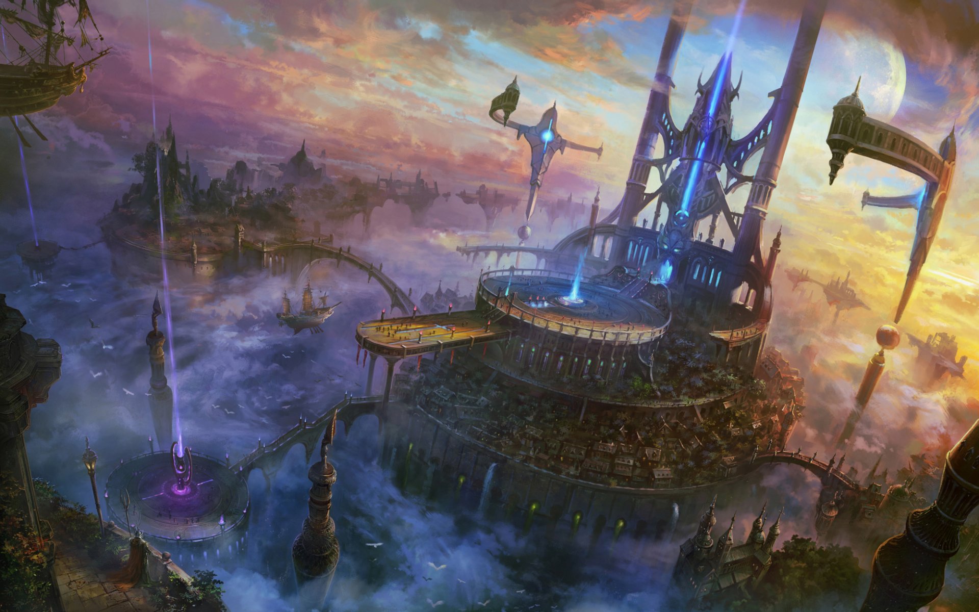 art shuxing li divinité ville roches vol nuages navire rayons ponts