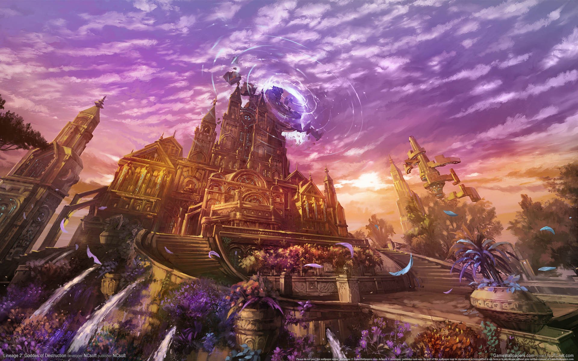 lineage 2: diosa de la destrucción juego de fondo de pantalla fantasía ciudad puesta de sol magia flores castillo cielo nubes regla diosa de la destrucción plaza palacio escaleras