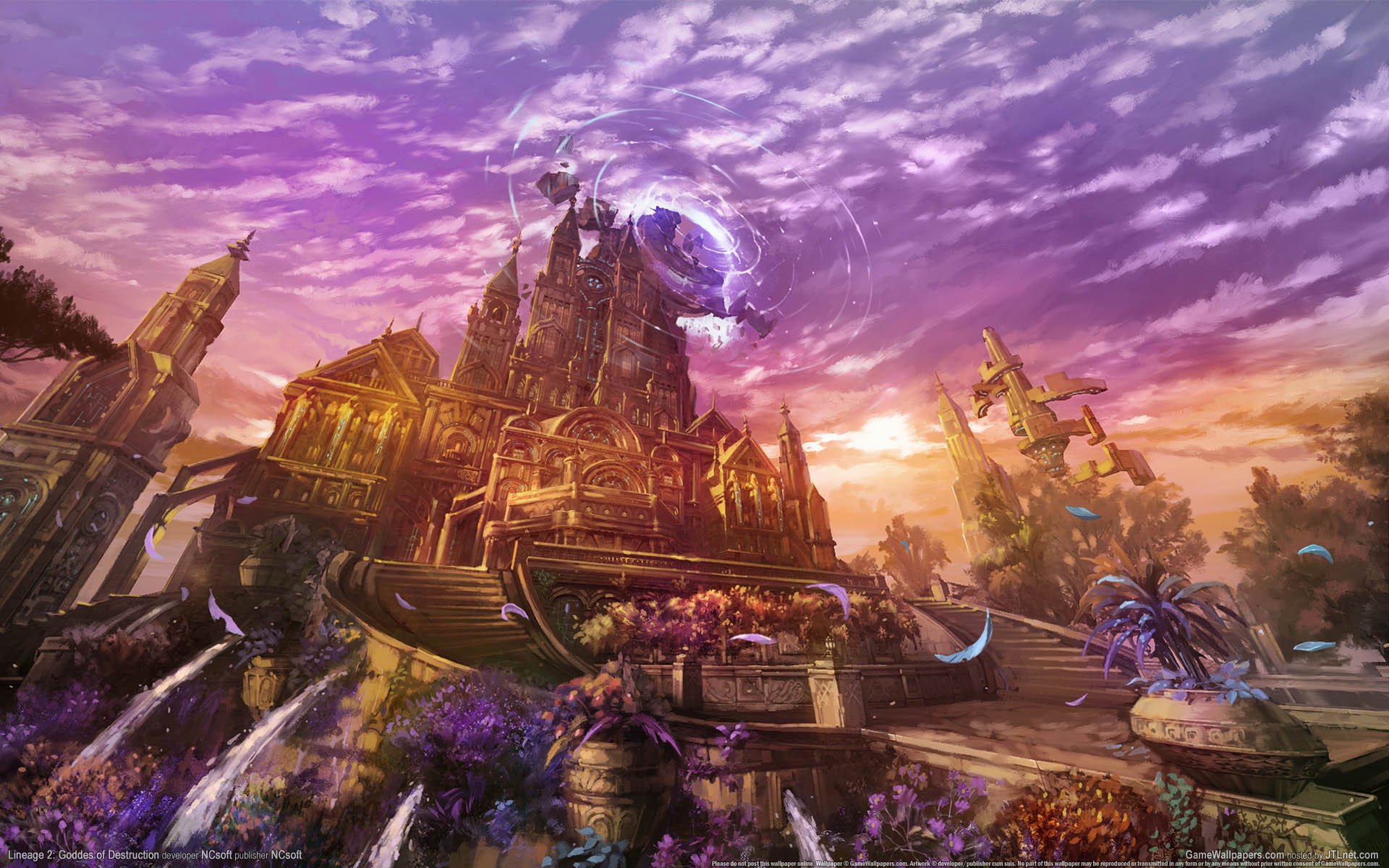 lineage 2: dea della distruzione sfondi di gioco fantasia città tramonto magia fiori castello cielo nuvole righello dea della distruzione piazza palazzo scale