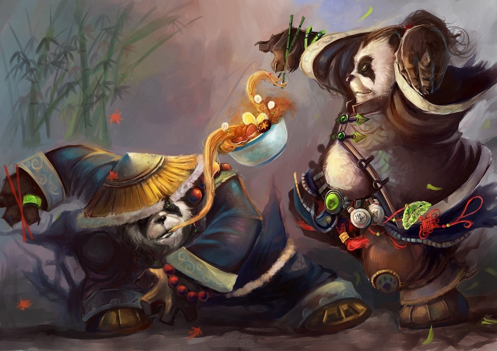 мир warcraft туманы pandaria панды две делёж лапша еда пиала шляпа бамбук