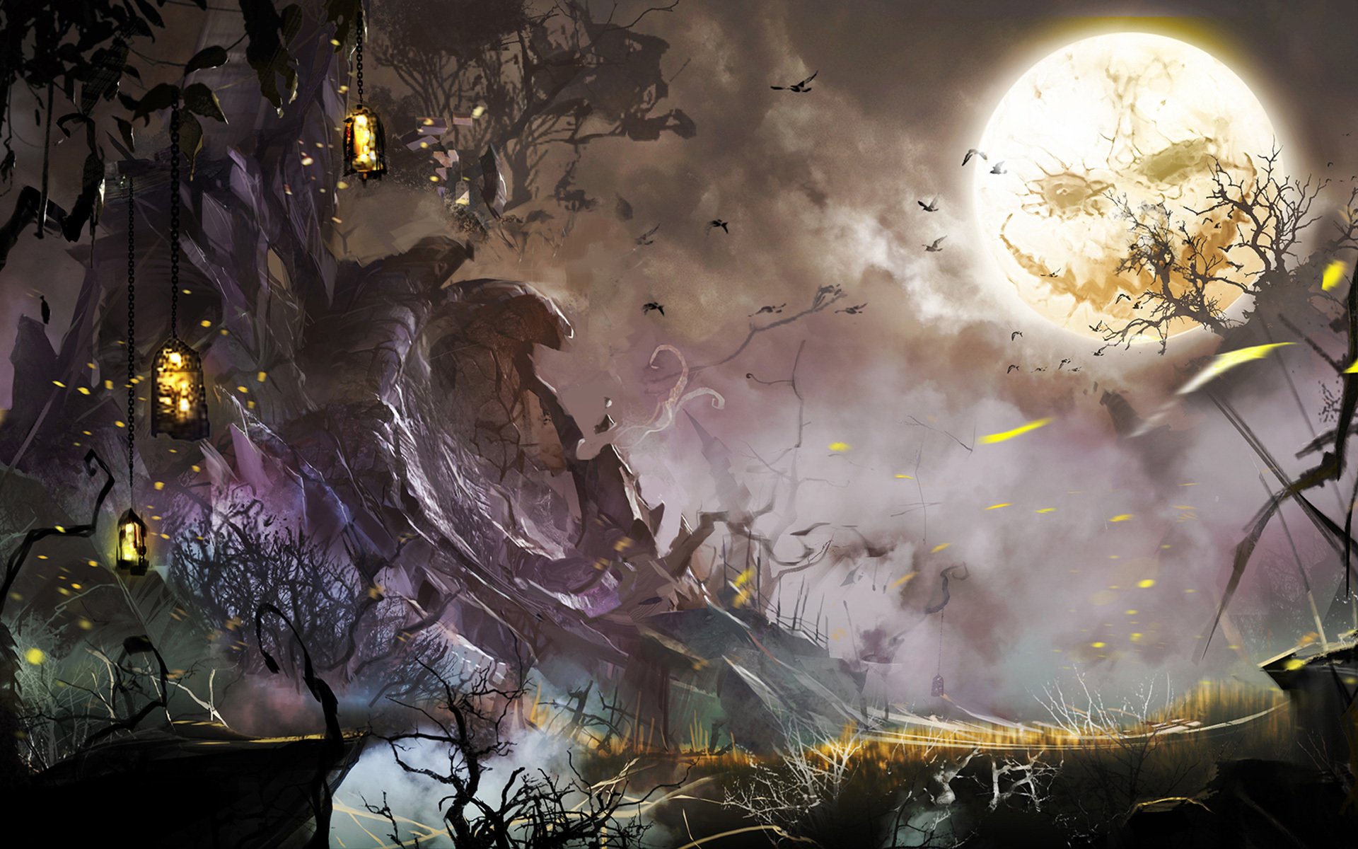 guild wars 2 хэллоуин арт ночь луна лицо фонари птицы деревья жуть