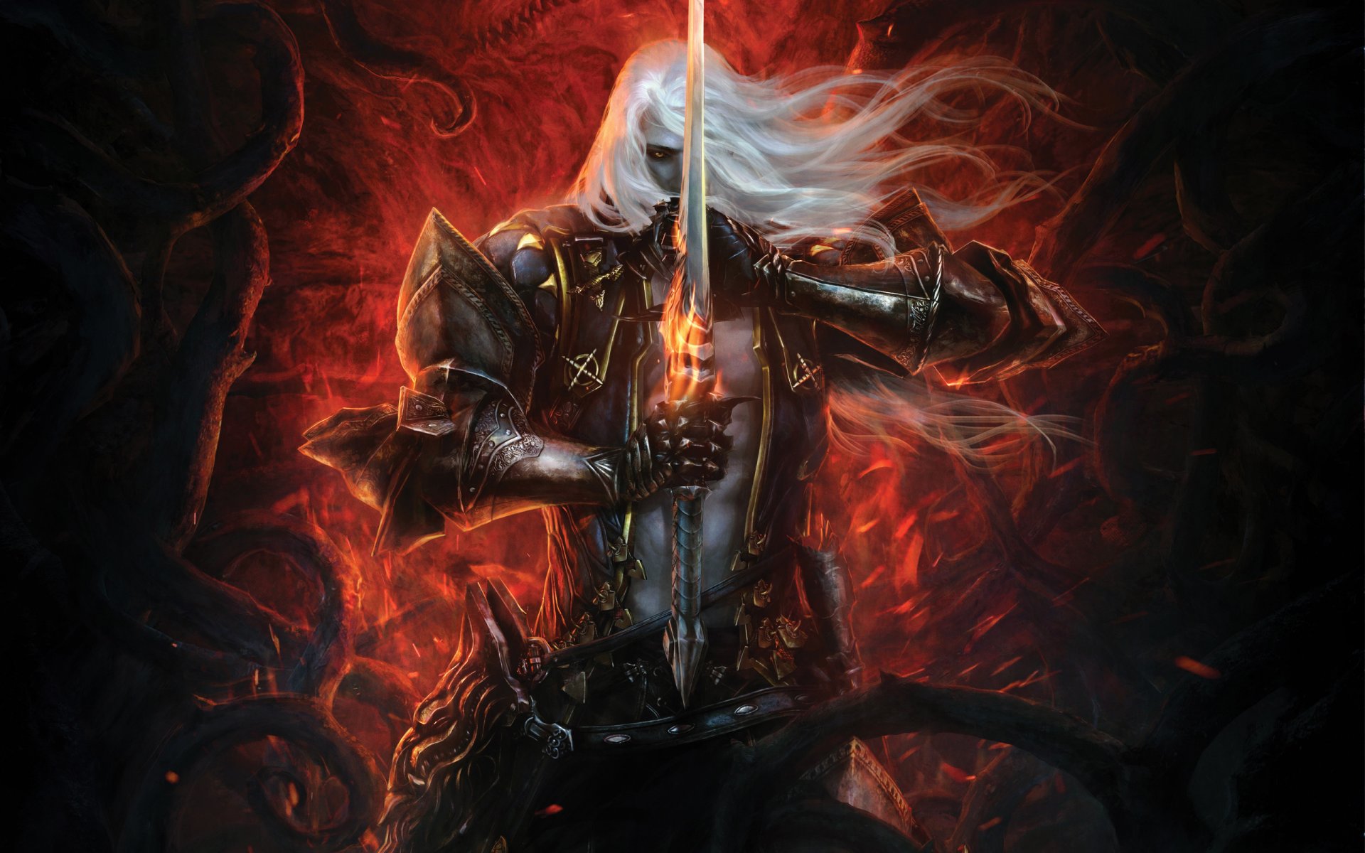 castlevania: lords of shadow-zwierciadło losu alucard miecz zbroja alucard adrian farenheight tepes alucard adrian fahrenheit tepes wampir nintendo 3ds sztuka art